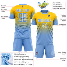 Charger l'image dans la galerie, Custom Yellow Light Blue-White Fade Fashion Sublimation Soccer Uniform Jersey

