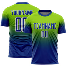Charger l'image dans la galerie, Custom Neon Green Royal-White Fade Fashion Sublimation Soccer Uniform Jersey
