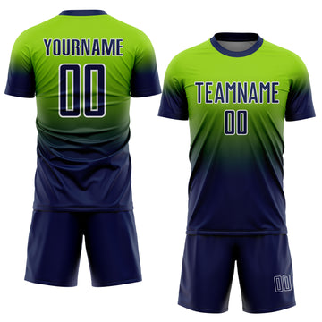 Custom Neon Green Navy-White Fade Fashion Sublimation Soccer Uniform Jersey