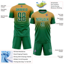 Laden Sie das Bild in den Galerie-Viewer, Custom Old Gold Kelly Green-White Fade Fashion Sublimation Soccer Uniform Jersey
