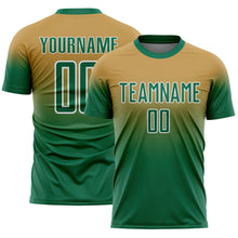 Laden Sie das Bild in den Galerie-Viewer, Custom Old Gold Kelly Green-White Fade Fashion Sublimation Soccer Uniform Jersey
