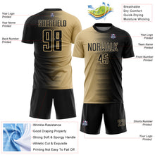 Load image into Gallery viewer, Custom Black Vegas Gold Gradient Line Sublimation Soccer Uniform Jersey
