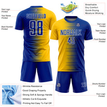 Загрузить изображение в средство просмотра галереи, Custom Royal White-Yellow Gradient Line Sublimation Soccer Uniform Jersey

