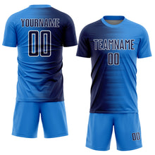 Загрузить изображение в средство просмотра галереи, Custom Powder Blue Navy-White Gradient Line Sublimation Soccer Uniform Jersey
