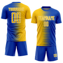 Laden Sie das Bild in den Galerie-Viewer, Custom Thunder Blue Yellow-White Gradient Line Sublimation Soccer Uniform Jersey
