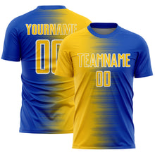 Laden Sie das Bild in den Galerie-Viewer, Custom Thunder Blue Yellow-White Gradient Line Sublimation Soccer Uniform Jersey
