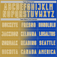 Загрузить изображение в средство просмотра галереи, Custom Thunder Blue Old Gold-White Gradient Line Sublimation Soccer Uniform Jersey
