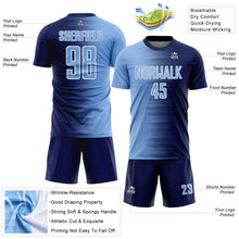 Загрузить изображение в средство просмотра галереи, Custom Navy Light Blue-White Gradient Line Sublimation Soccer Uniform Jersey
