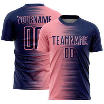Custom Navy Medium Pink Gradient Line Sublimation Soccer Uniform Jersey
