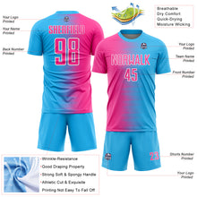 Load image into Gallery viewer, Custom Sky Blue Pink-White Gradient Line Sublimation Soccer Uniform Jersey
