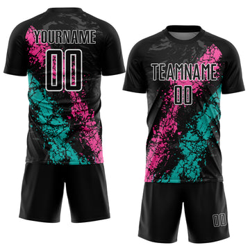 Custom Black White Pink-Aqua Dripping Splatter Cracked Texture Sublimation Soccer Uniform Jersey