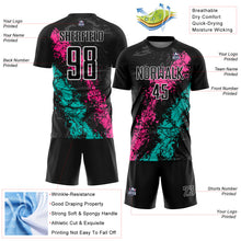 Загрузить изображение в средство просмотра галереи, Custom Black White Pink-Aqua Dripping Splatter Cracked Texture Sublimation Soccer Uniform Jersey
