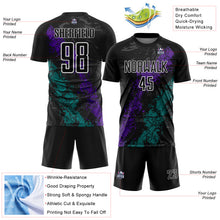 Load image into Gallery viewer, Custom Black White Purple-Teal Dripping Splatter Cracked Texture Sublimation Soccer Uniform Jersey
