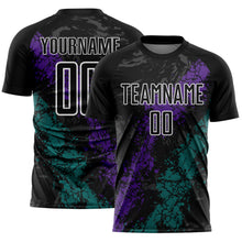 Load image into Gallery viewer, Custom Black White Purple-Teal Dripping Splatter Cracked Texture Sublimation Soccer Uniform Jersey
