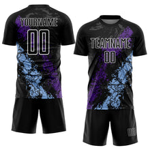 Load image into Gallery viewer, Custom Black White Purple-Light Blue Dripping Splatter Cracked Texture Sublimation Soccer Uniform Jersey
