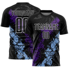 Load image into Gallery viewer, Custom Black White Purple-Light Blue Dripping Splatter Cracked Texture Sublimation Soccer Uniform Jersey

