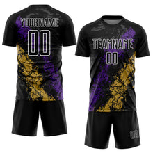 Load image into Gallery viewer, Custom Black White Purple-Old Gold Dripping Splatter Cracked Texture Sublimation Soccer Uniform Jersey
