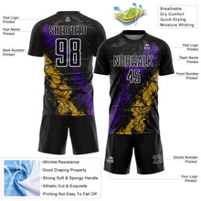Load image into Gallery viewer, Custom Black White Purple-Old Gold Dripping Splatter Cracked Texture Sublimation Soccer Uniform Jersey
