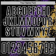 Load image into Gallery viewer, Custom Black White Purple-Old Gold Dripping Splatter Cracked Texture Sublimation Soccer Uniform Jersey
