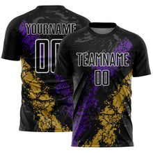 Load image into Gallery viewer, Custom Black White Purple-Old Gold Dripping Splatter Cracked Texture Sublimation Soccer Uniform Jersey
