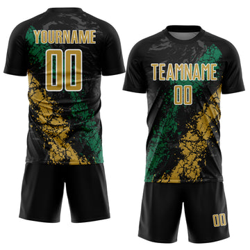 Custom Black Old Gold White-Kelly Green Dripping Splatter Cracked Texture Sublimation Soccer Uniform Jersey