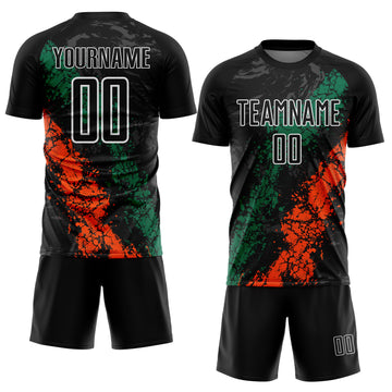Custom Black White Kelly Green-Orange Dripping Splatter Cracked Texture Sublimation Soccer Uniform Jersey
