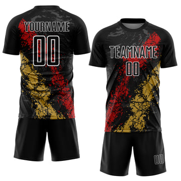 Custom Black White Red-Old Gold Dripping Splatter Cracked Texture Sublimation Soccer Uniform Jersey