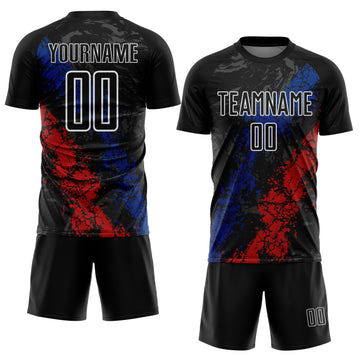 Custom Black White Royal-Red Dripping Splatter Cracked Texture Sublimation Soccer Uniform Jersey
