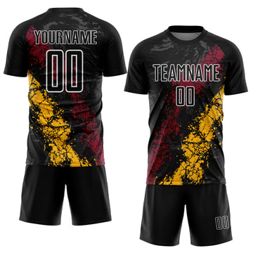 Custom Black White Crimson-Gold Dripping Splatter Cracked Texture Sublimation Soccer Uniform Jersey