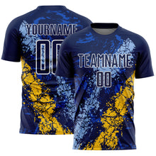 Load image into Gallery viewer, Custom Navy White Light Blue-Yellow Dripping Splatter Cracked Texture Sublimation Soccer Uniform Jersey
