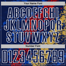 Charger l'image dans la galerie, Custom Navy White Red-Old Gold Dripping Splatter Cracked Texture Sublimation Soccer Uniform Jersey
