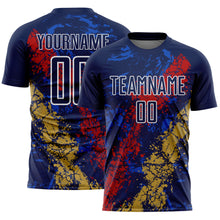 Charger l'image dans la galerie, Custom Navy White Red-Old Gold Dripping Splatter Cracked Texture Sublimation Soccer Uniform Jersey
