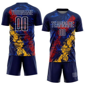 Custom Navy White Red-Gold Dripping Splatter Cracked Texture Sublimation Soccer Uniform Jersey