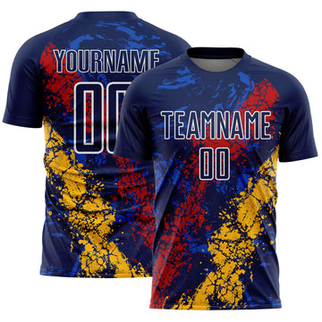 Custom Navy White Red-Gold Dripping Splatter Cracked Texture Sublimation Soccer Uniform Jersey