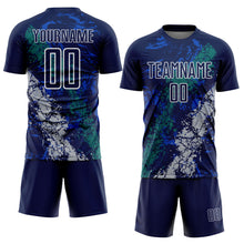 Load image into Gallery viewer, Custom Navy White Teal-Gray Dripping Splatter Cracked Texture Sublimation Soccer Uniform Jersey

