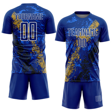 Custom Royal White Old Gold-Black Dripping Splatter Cracked Texture Sublimation Soccer Uniform Jersey