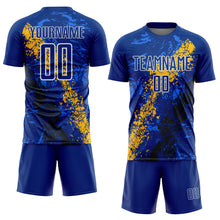 Загрузить изображение в средство просмотра галереи, Custom Royal White Gold-Black Dripping Splatter Cracked Texture Sublimation Soccer Uniform Jersey
