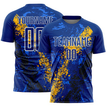 Загрузить изображение в средство просмотра галереи, Custom Royal White Gold-Black Dripping Splatter Cracked Texture Sublimation Soccer Uniform Jersey
