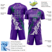 Загрузить изображение в средство просмотра галереи, Custom Purple White-Kelly Green Dripping Splatter Cracked Texture Sublimation Soccer Uniform Jersey

