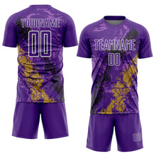 Laden Sie das Bild in den Galerie-Viewer, Custom Purple White Old Gold-Black Dripping Splatter Cracked Texture Sublimation Soccer Uniform Jersey
