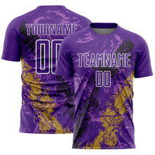 Laden Sie das Bild in den Galerie-Viewer, Custom Purple White Old Gold-Black Dripping Splatter Cracked Texture Sublimation Soccer Uniform Jersey
