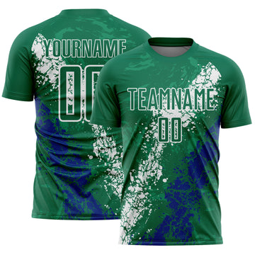 Custom Kelly Green White-Royal Dripping Splatter Cracked Texture Sublimation Soccer Uniform Jersey