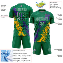 Загрузить изображение в средство просмотра галереи, Custom Kelly Green White Purple-Gold Dripping Splatter Cracked Texture Sublimation Soccer Uniform Jersey

