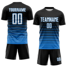 Загрузить изображение в средство просмотра галереи, Custom Black White-Powder Blue Gradient Pinstripe Sublimation Soccer Uniform Jersey
