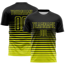 Загрузить изображение в средство просмотра галереи, Custom Black Neon Yellow Gradient Pinstripe Sublimation Soccer Uniform Jersey

