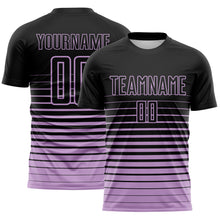 Load image into Gallery viewer, Custom Black Light Purple Gradient Pinstripe Sublimation Soccer Uniform Jersey
