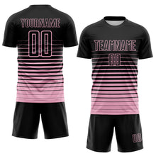Charger l'image dans la galerie, Custom Black Light Pink Gradient Pinstripe Sublimation Soccer Uniform Jersey
