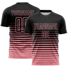 Загрузить изображение в средство просмотра галереи, Custom Black Medium Pink Gradient Pinstripe Sublimation Soccer Uniform Jersey
