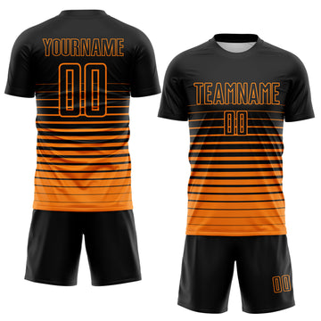 Custom Black Bay Orange Gradient Pinstripe Sublimation Soccer Uniform Jersey