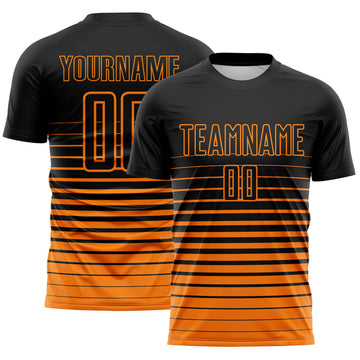 Custom Black Bay Orange Gradient Pinstripe Sublimation Soccer Uniform Jersey